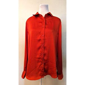New Blue Blossom sz M Satin Shirt red buttons long sleeves O5